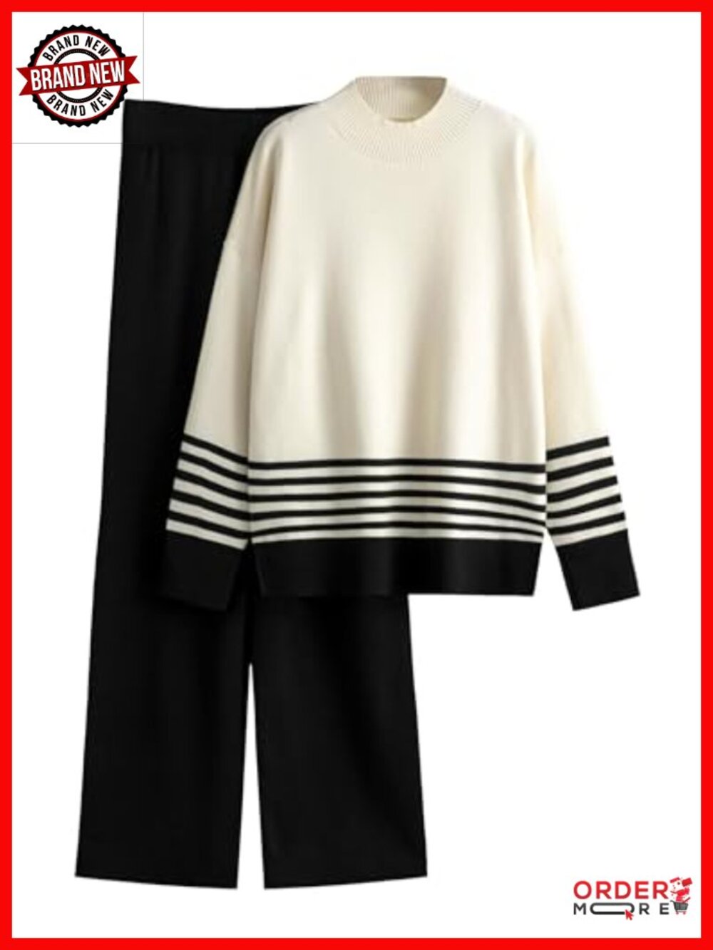 Tanming Womens Striped 2 Piece Sweater Lounge Set Turtleneck Wide Leg Pants